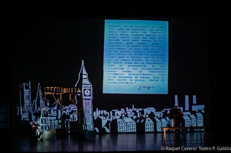 Carta manuscrita proyectada sobre una silueta recortada de Londres con el Big Ben. Foto: Raquel Cavero / Teatro Pérez Galdós