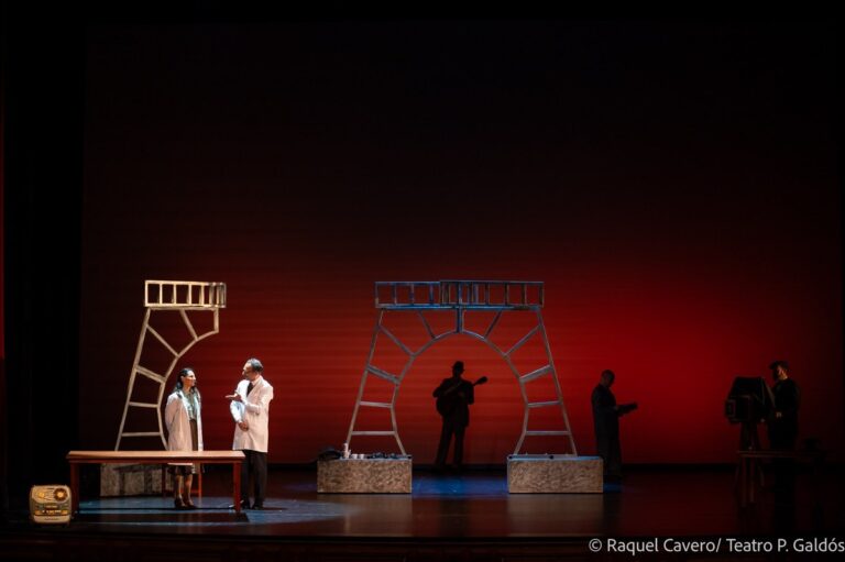 Plano general del escenario en rojo, con las figuras repartidas entre las estructuras dibujadas. Foto: Raquel Cavero / Teatro Pérez Galdós