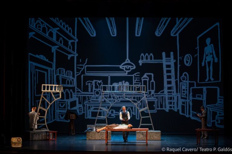 Escenografía dibujada casi a oscuras, con un cuerpo tendido sobre la mesa del centro. Foto: Raquel Cavero / Teatro Pérez Galdós