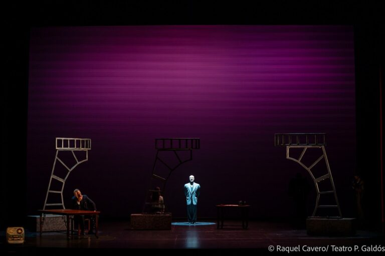 Un intérprete solo en el centro del escenario, recortado sobre el fondo malva. Foto: Raquel Cavero / Teatro Pérez Galdós